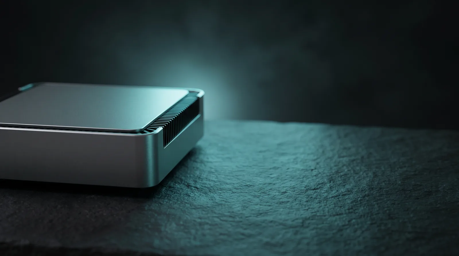 A small square aluminium desktop computer alone on a dark surface under a teal rim light, with empty space beside it