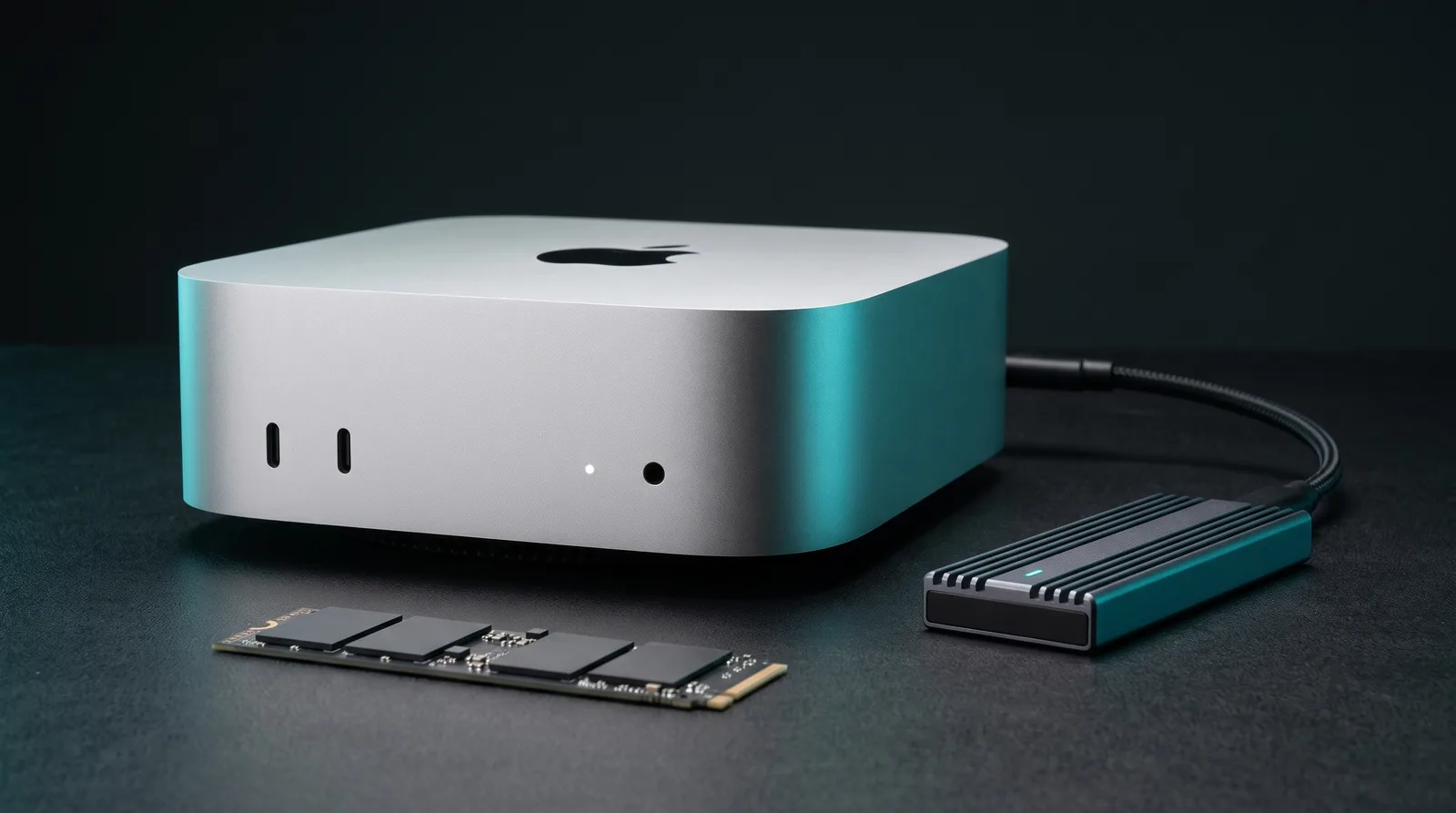 Apple Mac mini M6 on a dark desk wired to a finned aluminum NVMe SSD enclosure, with a bare M.2 drive in the foreground