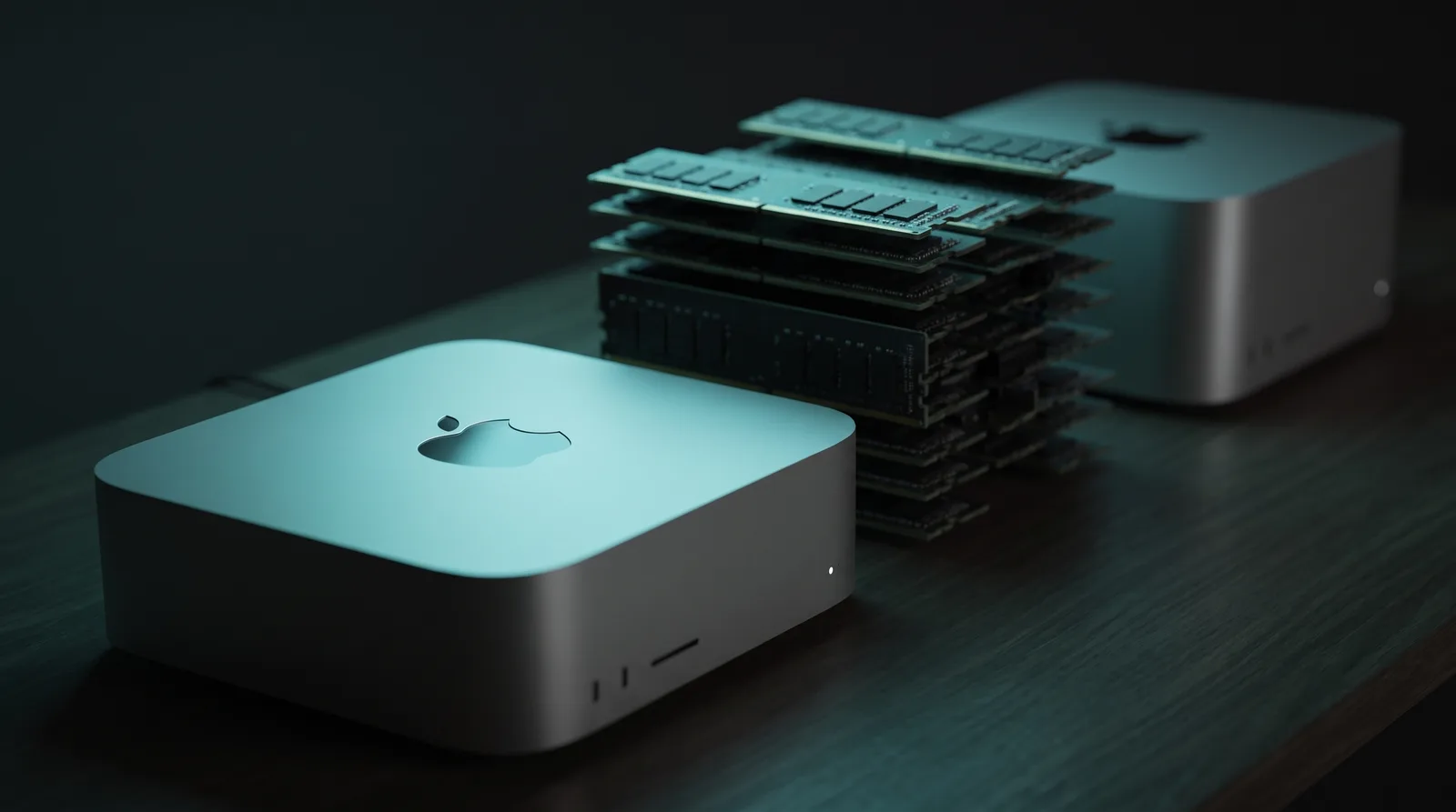 Apple Mac Studio M5 Ultra on a dark desk, cyan-teal accent light