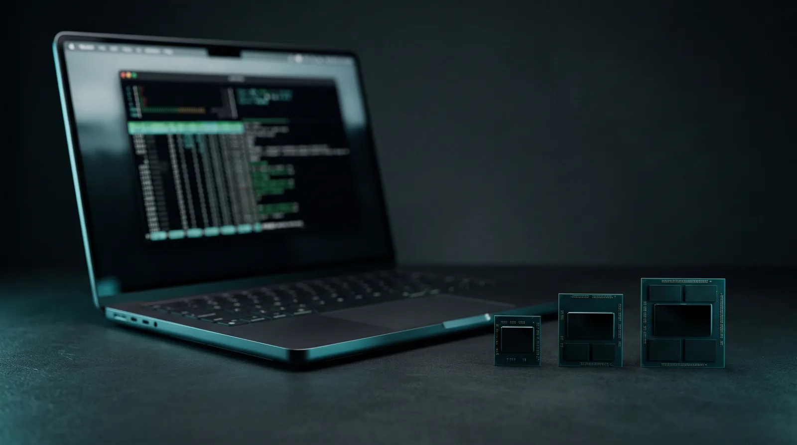 A dark space black 14-inch laptop on a charcoal desk beside three memory chip packages of increasing size under cyan rim light