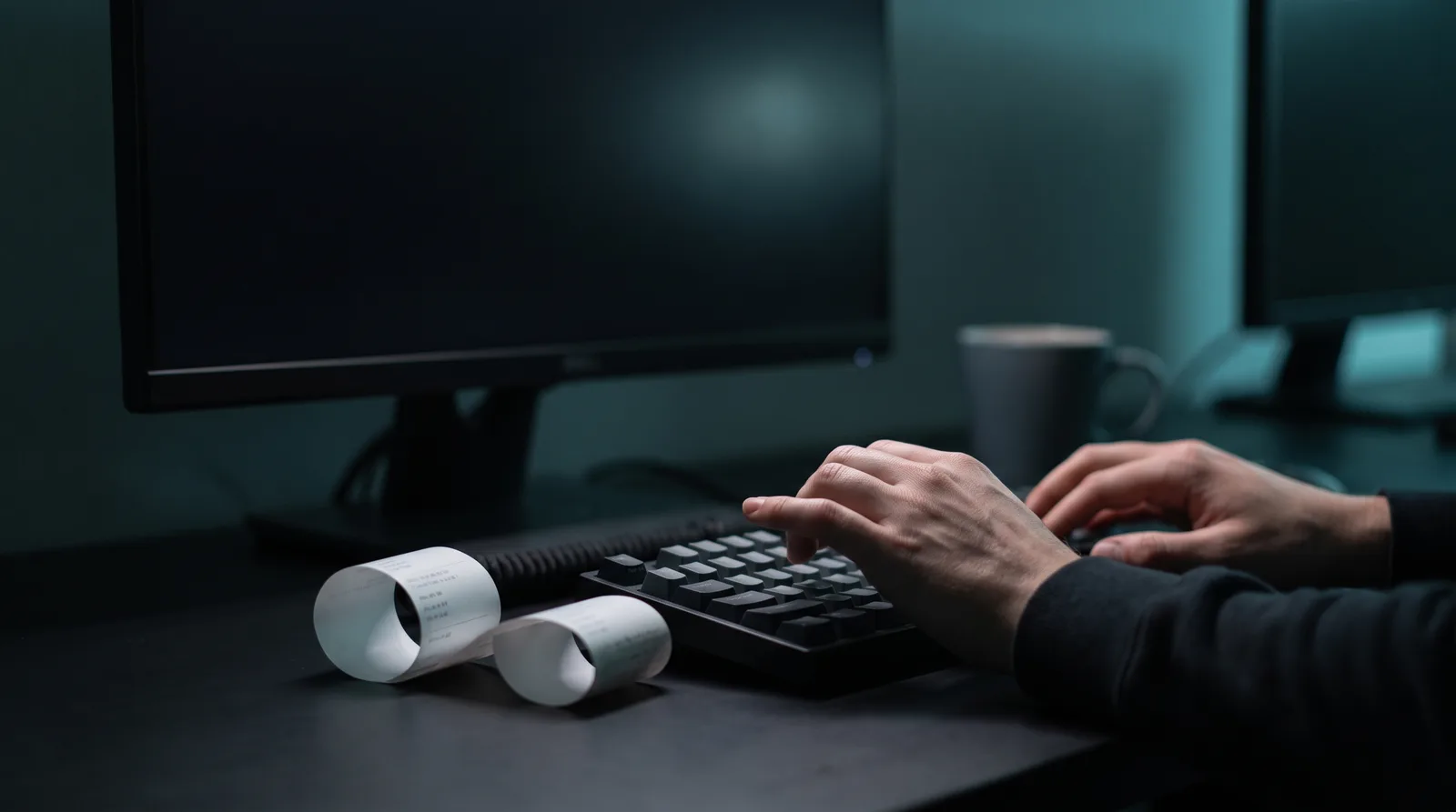 Hands paused over a keyboard beside a face-down printout on a dark desk, evoking a shell script that silently fails behind a licence gate.