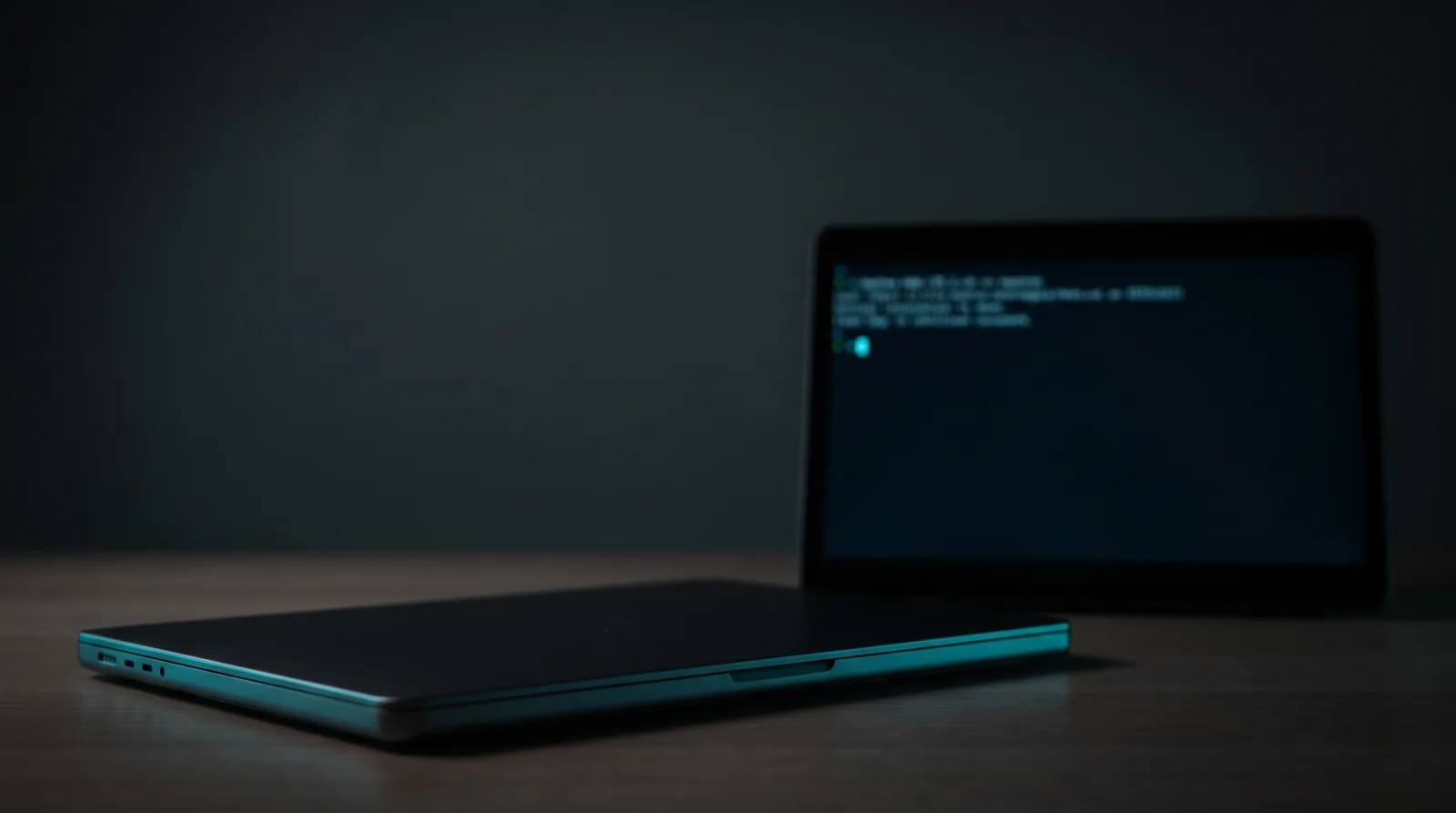 An Apple Silicon MacBook on a dark desk with a glowing terminal cursor, lit by cyan-teal rim light, illustrating a preinstalled on-device LLM behind a shell command.