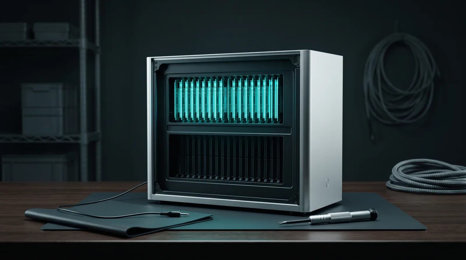 An opened silver desktop workstation on a workbench with one row of memory chips glowing cyan-teal and the second row left empty, next to an antistatic mat