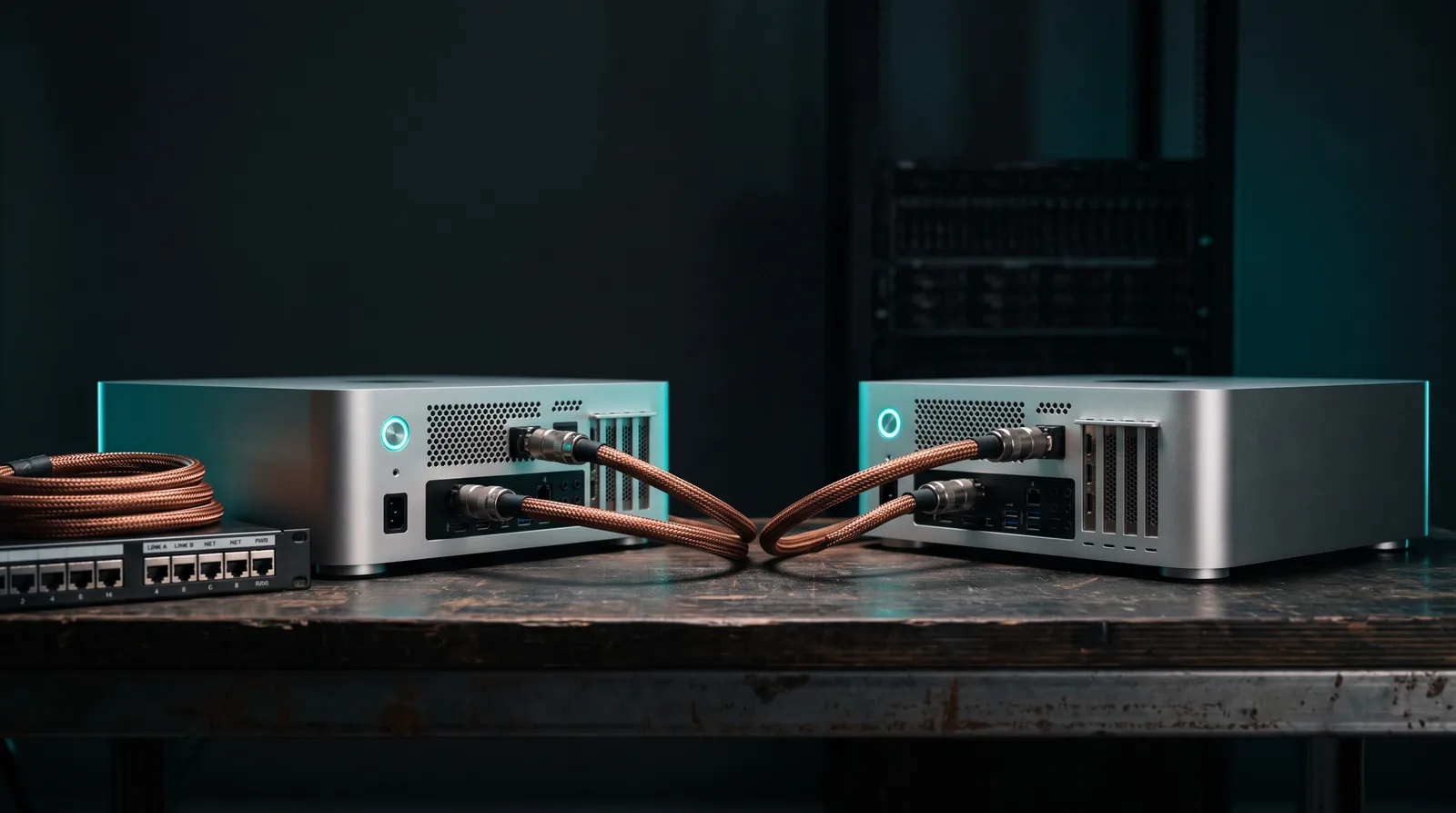 Two identical silver desktop workstations on a dark workbench linked by a pair of braided cables, their power lights glowing cyan-teal against a near-black backdrop