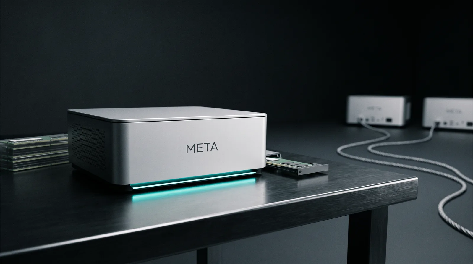 A silver desktop workstation badged META on a dark workbench, lit by cyan-teal rim light, with oversized memory modules beside it and two more workstations blurred in the background
