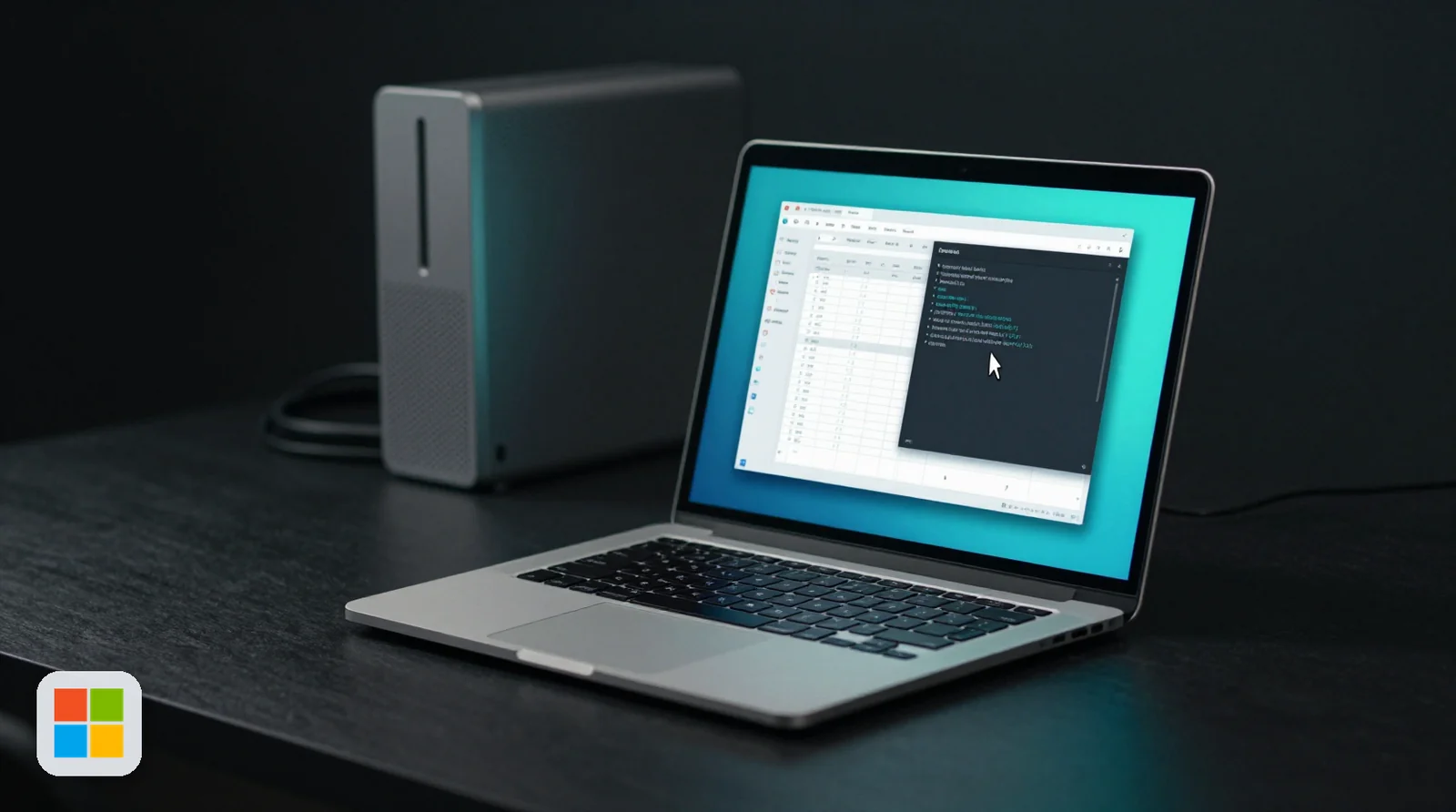 An open silver laptop on a dark slate desk showing a spreadsheet window beside a terminal window, with the Microsoft logo in the corner, lit by cyan-teal accent light.