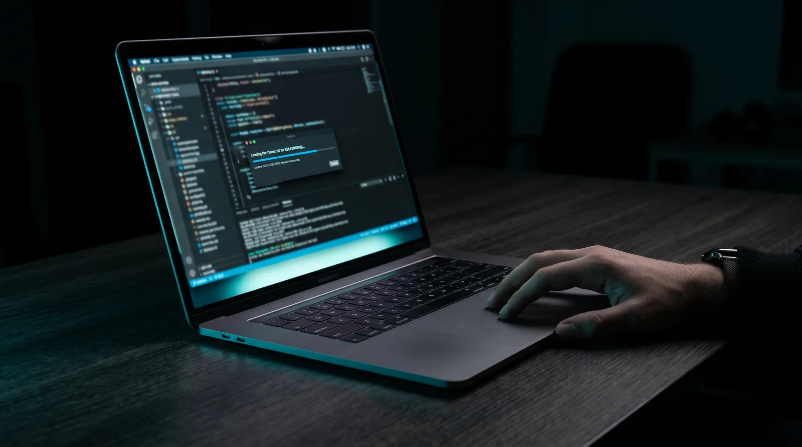 A 16GB M4 MacBook Pro under load at night, rim-lit on a dark desk while running a quantized 9B model