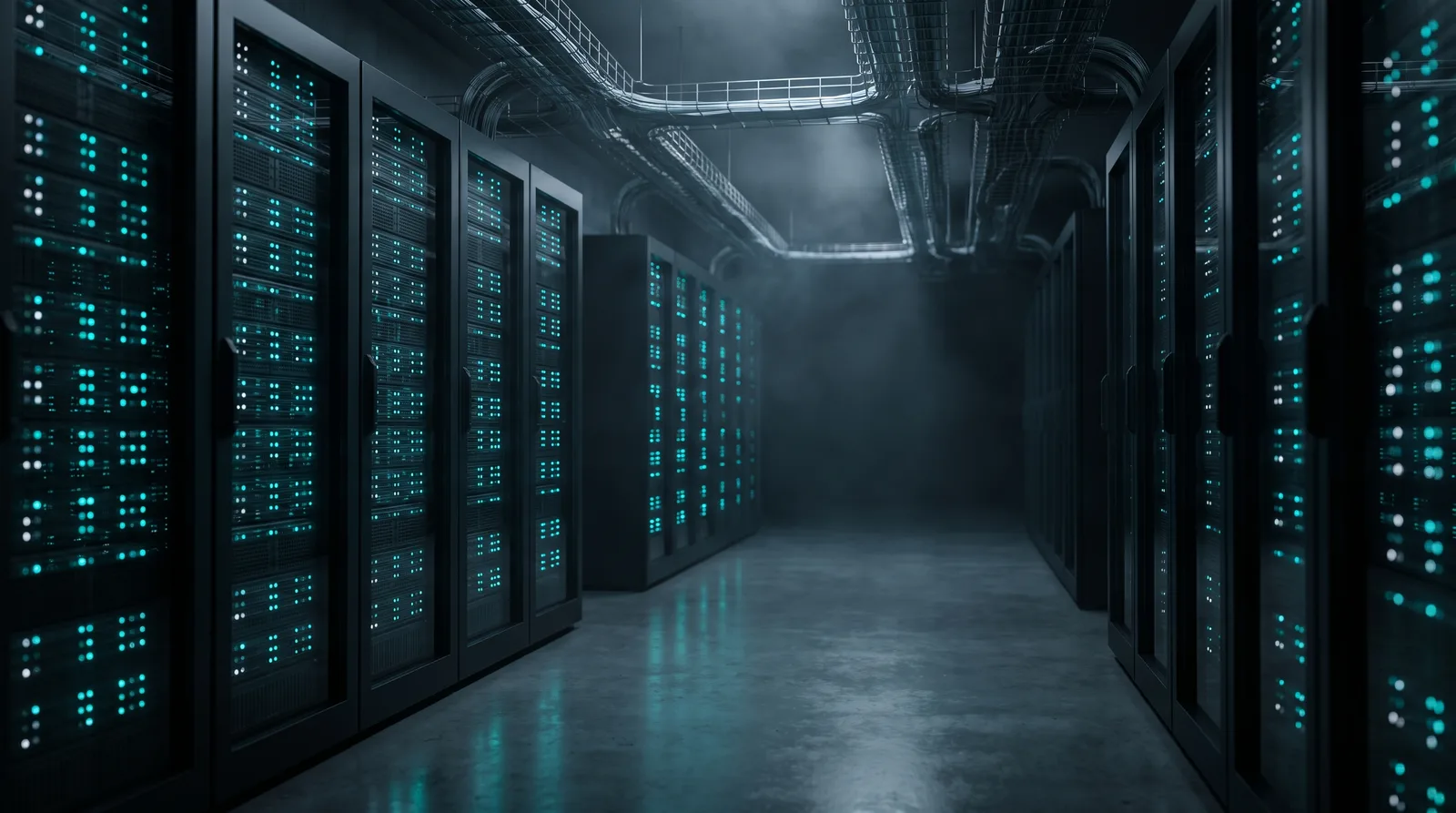A dark GPU datacenter aisle with lit server racks, the cluster hardware a trillion-parameter model needs to run