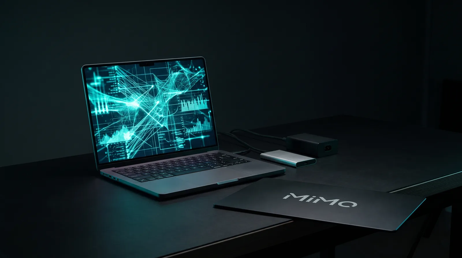 A MacBook Pro on a dark workbench running a local 9B model, a MiMo wordmark plate and an external SSD beside it