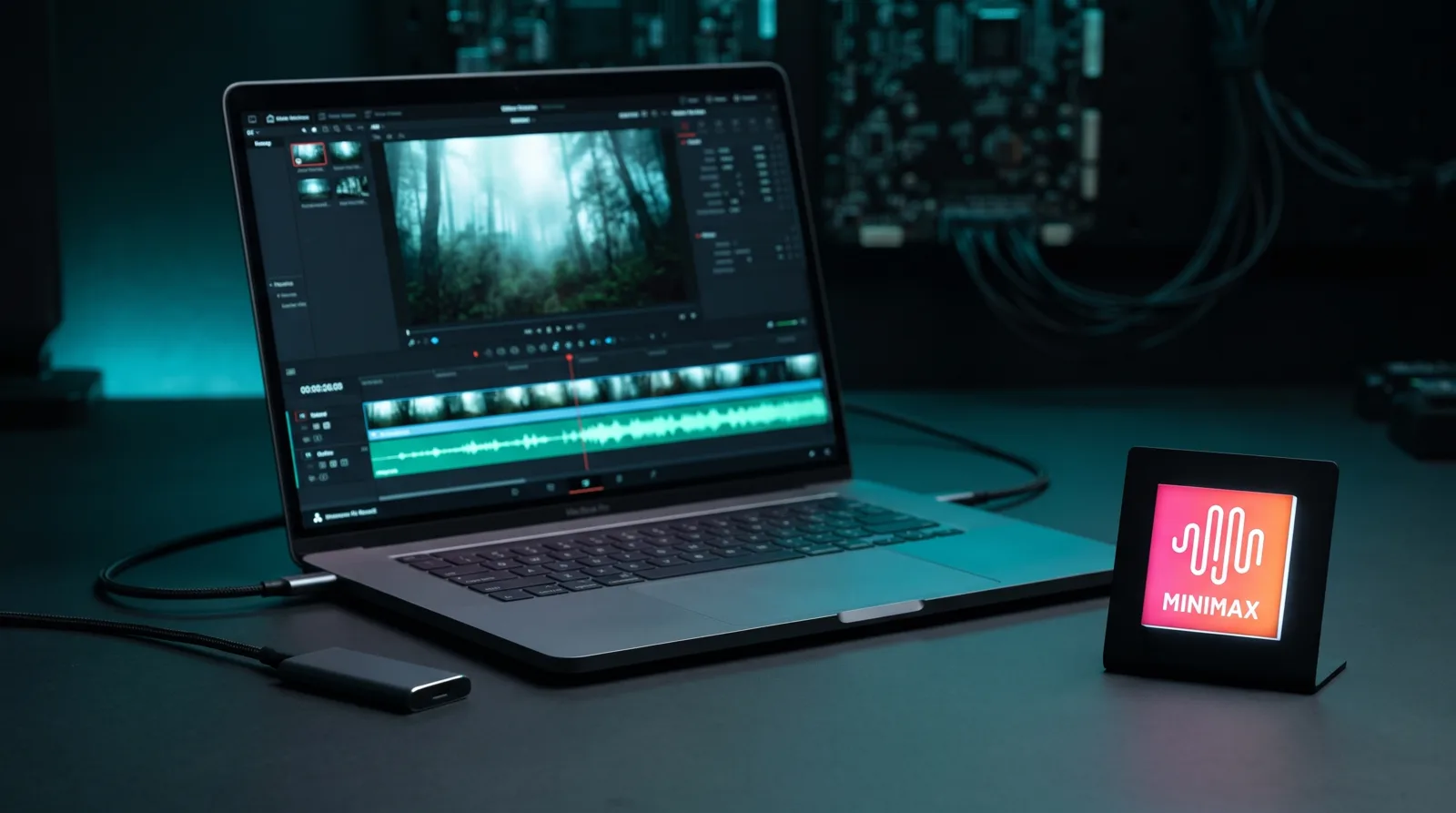 Open laptop on a dark workbench showing a video editor with a misty forest frame and a stereo audio waveform, a small SSD beside it and an illuminated MiniMax logo plaque.