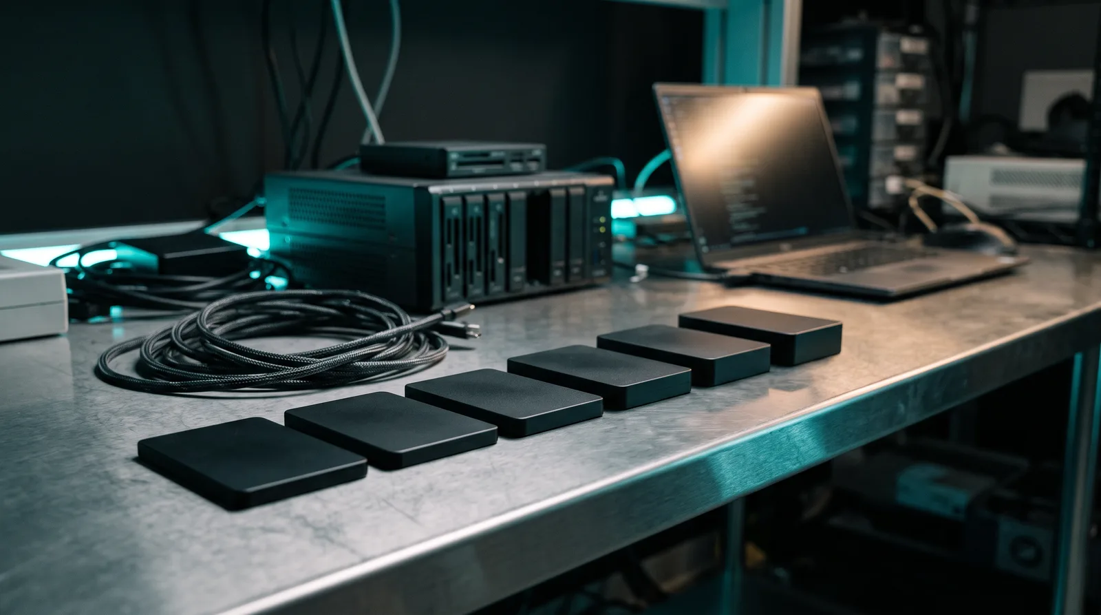Row of matte black SSD modules in graduated thicknesses on a brushed steel bench under cyan-teal light