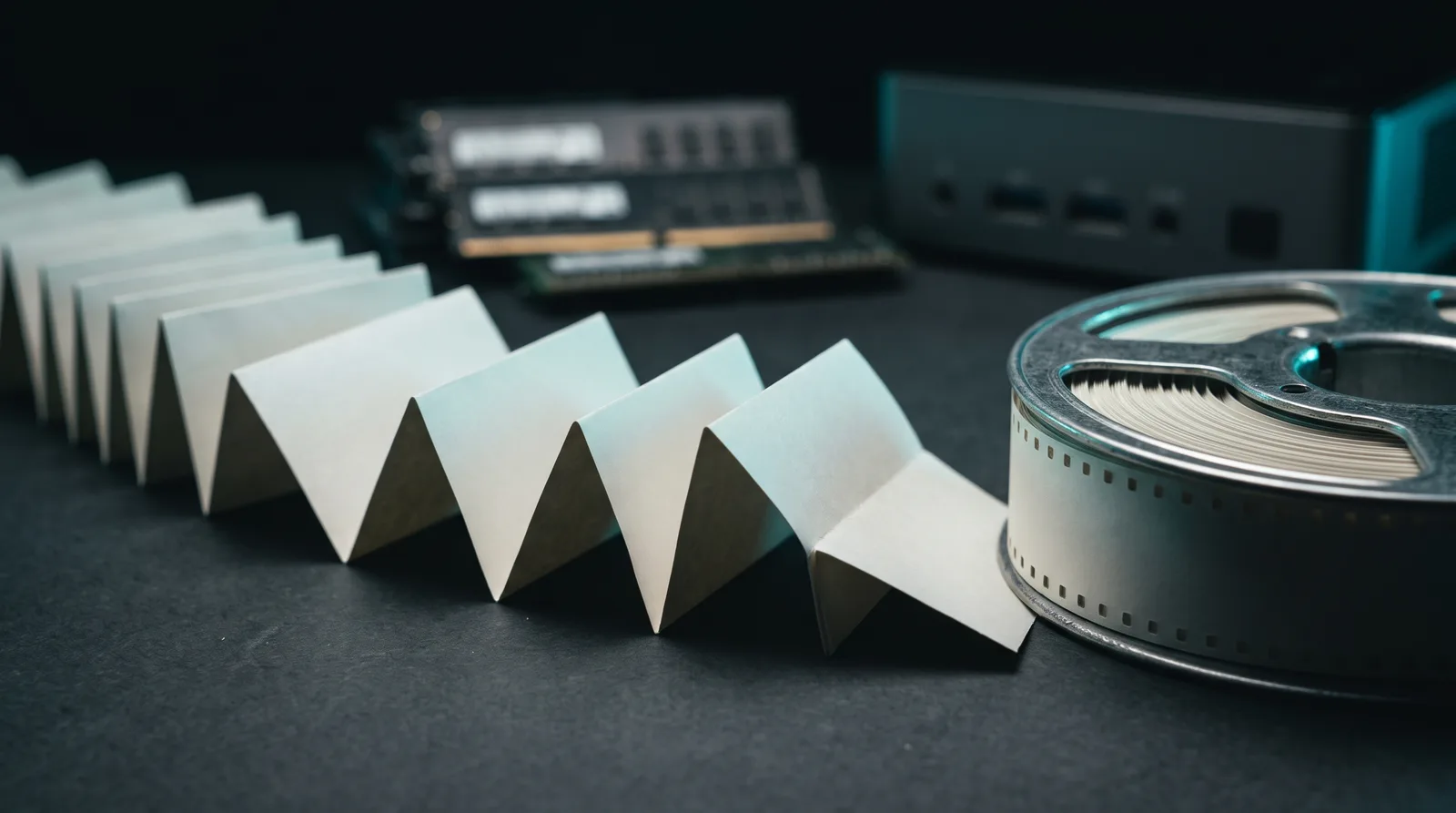 Blank fan-folded paper tape unwinding onto a metal reel on a dark workbench with out-of-focus memory modules behind