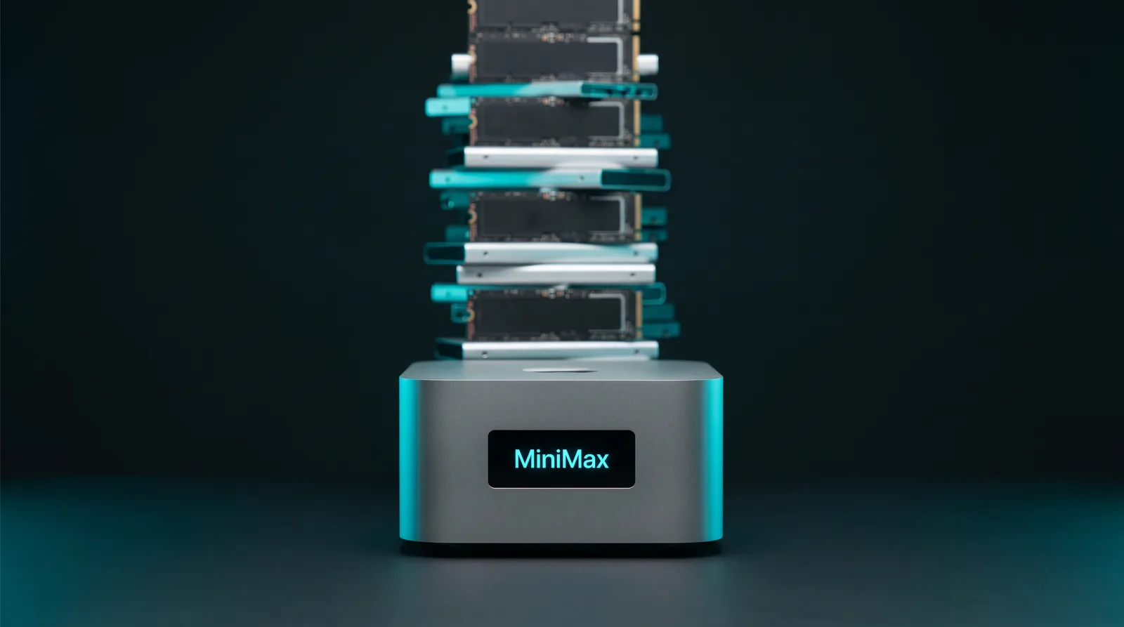 Silver desktop workstation with a glowing MiniMax wordmark on a dark desk in front of a stack of bare NVMe SSD cartridges