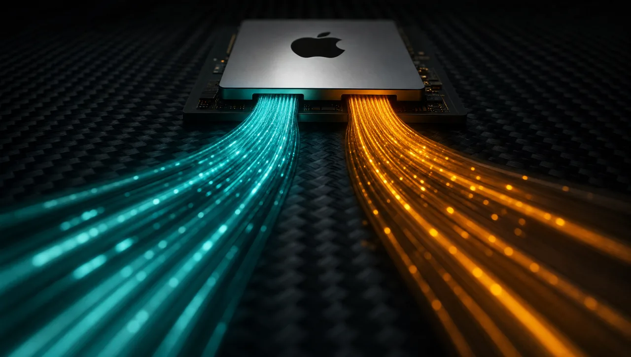 Abstract render of an Apple Silicon chip with two glowing data streams racing outward, representing MLX versus the older llama.cpp runtime