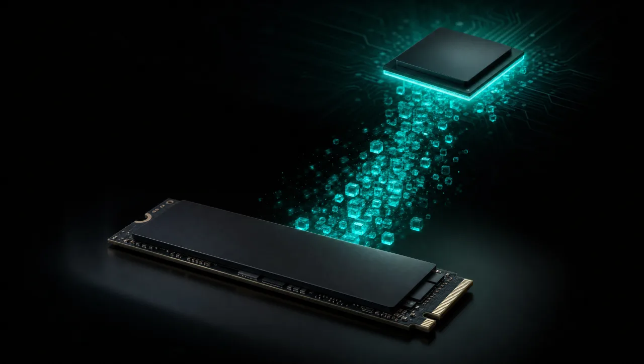 A solid-state drive streaming glowing cache blocks up into a processor, illustrating oMLX's SSD-backed KV cache