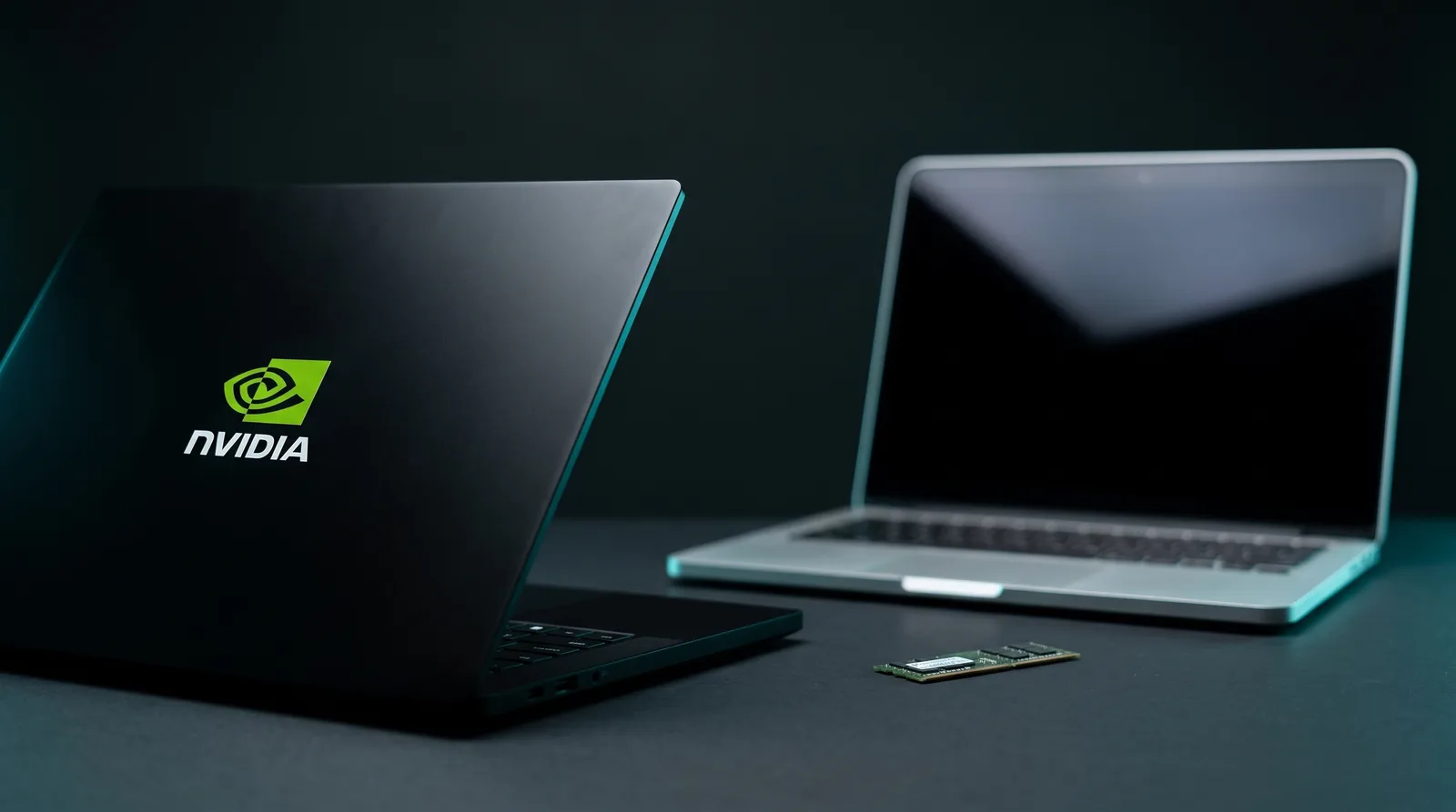 A matte black laptop with the NVIDIA logo on its lid beside a plain unbranded silver laptop with a dark screen and a single memory module on the desk between them, lit by cyan-teal rim light