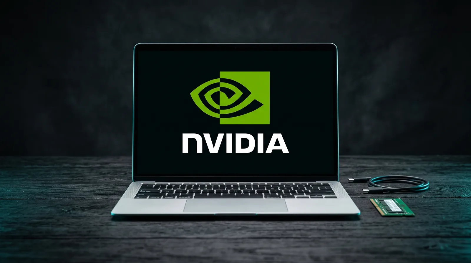 Open silver laptop on a dark wooden desk with the green NVIDIA eye logo and wordmark on its screen, next to a memory module and a coiled cable