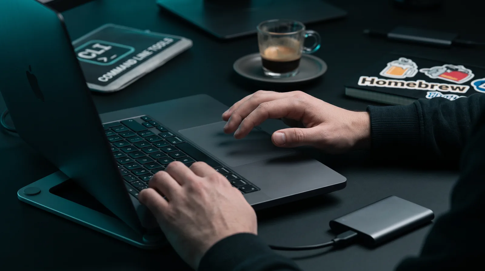Hands paused over an aluminium Apple Silicon MacBook keyboard while a source build runs, next to a portable SSD and a cold espresso cup on a dark desk.