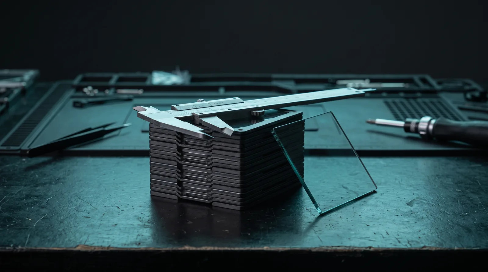 Stack of identical graphite module plates measured with calipers beside a single glass plate on a dark hardware workbench, illustrating layers re-applied by more loops.