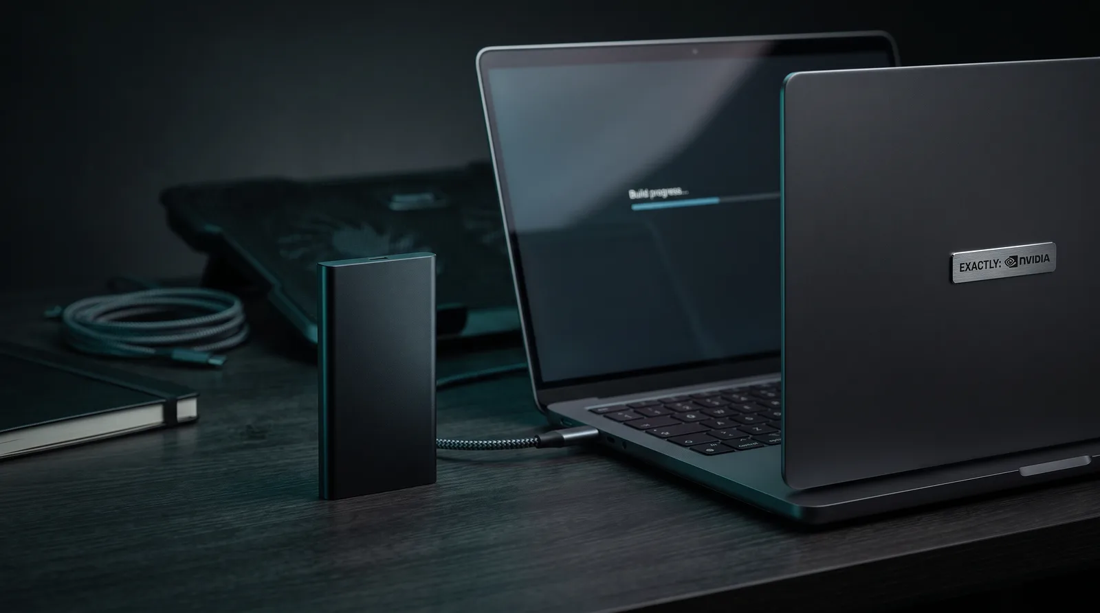Matte black portable SSD carrying the NVIDIA wordmark standing beside an open Apple Silicon MacBook glowing with a build in progress on a dim workbench.