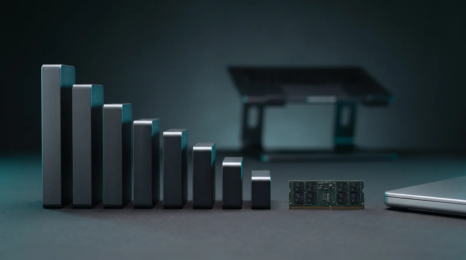 A graded row of dark aluminium storage bricks from tallest to shortest beside a bare memory module and a laptop edge under cyan lighting