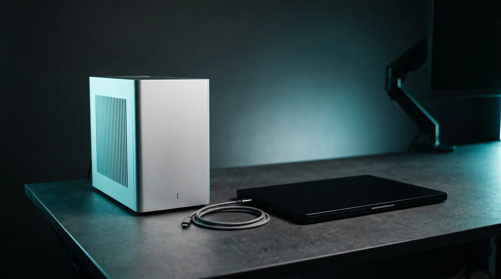 A compact silver desktop tower next to a slim black laptop on a dark desk with a coiled cable between them under cyan lighting