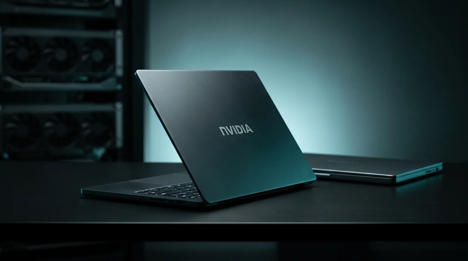 A slim dark unified-memory laptop open on a matte desk with the NVIDIA wordmark on its lid, lit by cyan rim light against a charcoal studio background