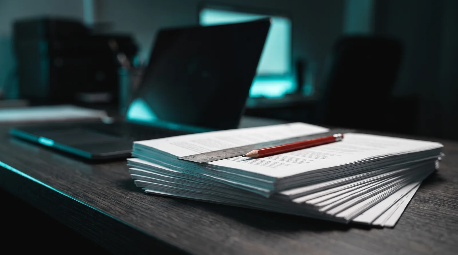 A fanned stack of printed document pages with a metal ruler and red pencil under teal rim light, an Apple Silicon laptop blurred behind.