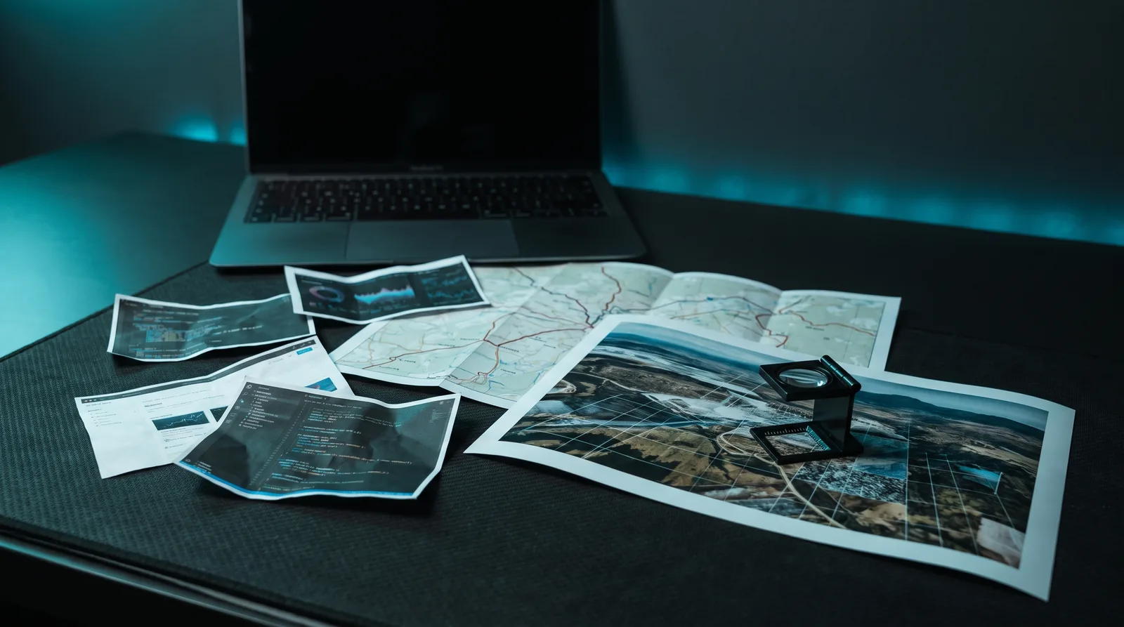 Printed screenshots, a folded map and a photo print laid on a dark mat with a magnifying loupe, an open MacBook blurred behind.