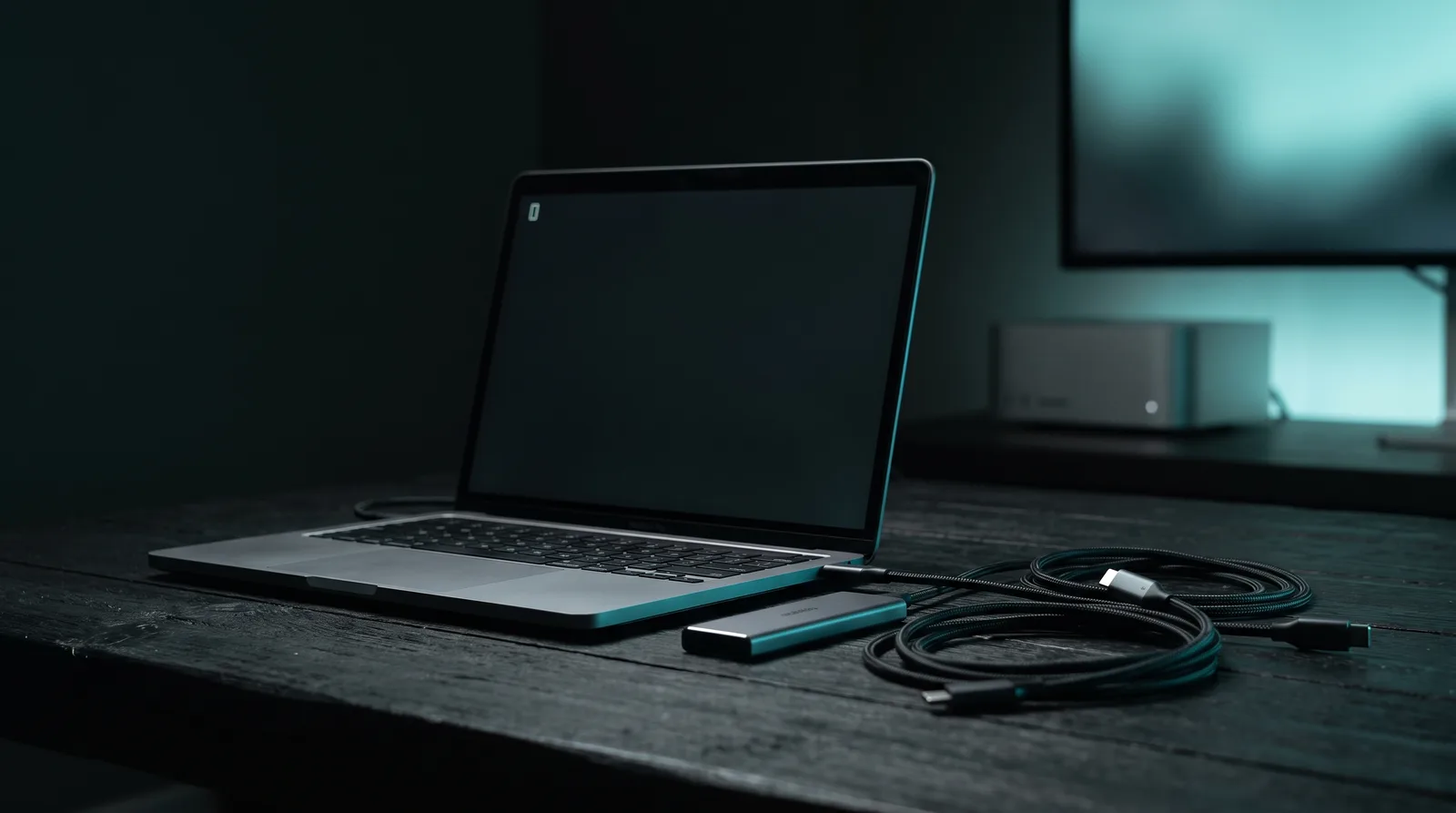 A MacBook Pro with a blinking terminal cursor on a dark desk beside an external SSD and cables, a Mac Studio blurred in the background under cyan-teal light.