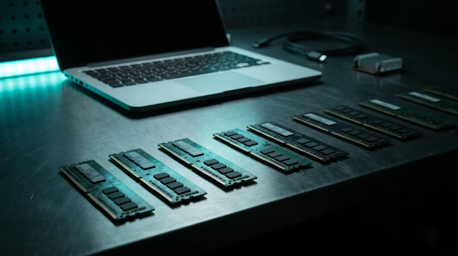 Row of unbranded memory modules on a dark bench with only the first few lit cyan-teal, an aluminium laptop blurred behind, depicting the unified memory tiers that decide which MLX-routed models fit a Mac
