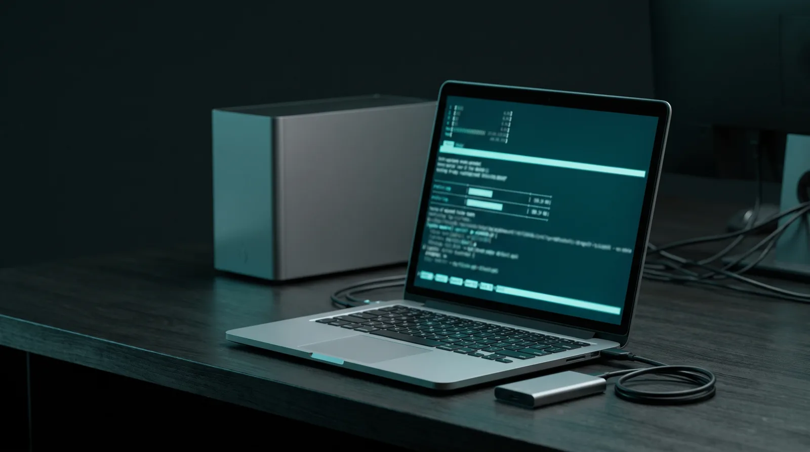 Unbranded aluminium laptop glowing cyan-teal with an unreadable inference terminal on a dark desk, a compact desktop tower blurred behind it, illustrating Ollama routing Apple Silicon models to the MLX runtime by default