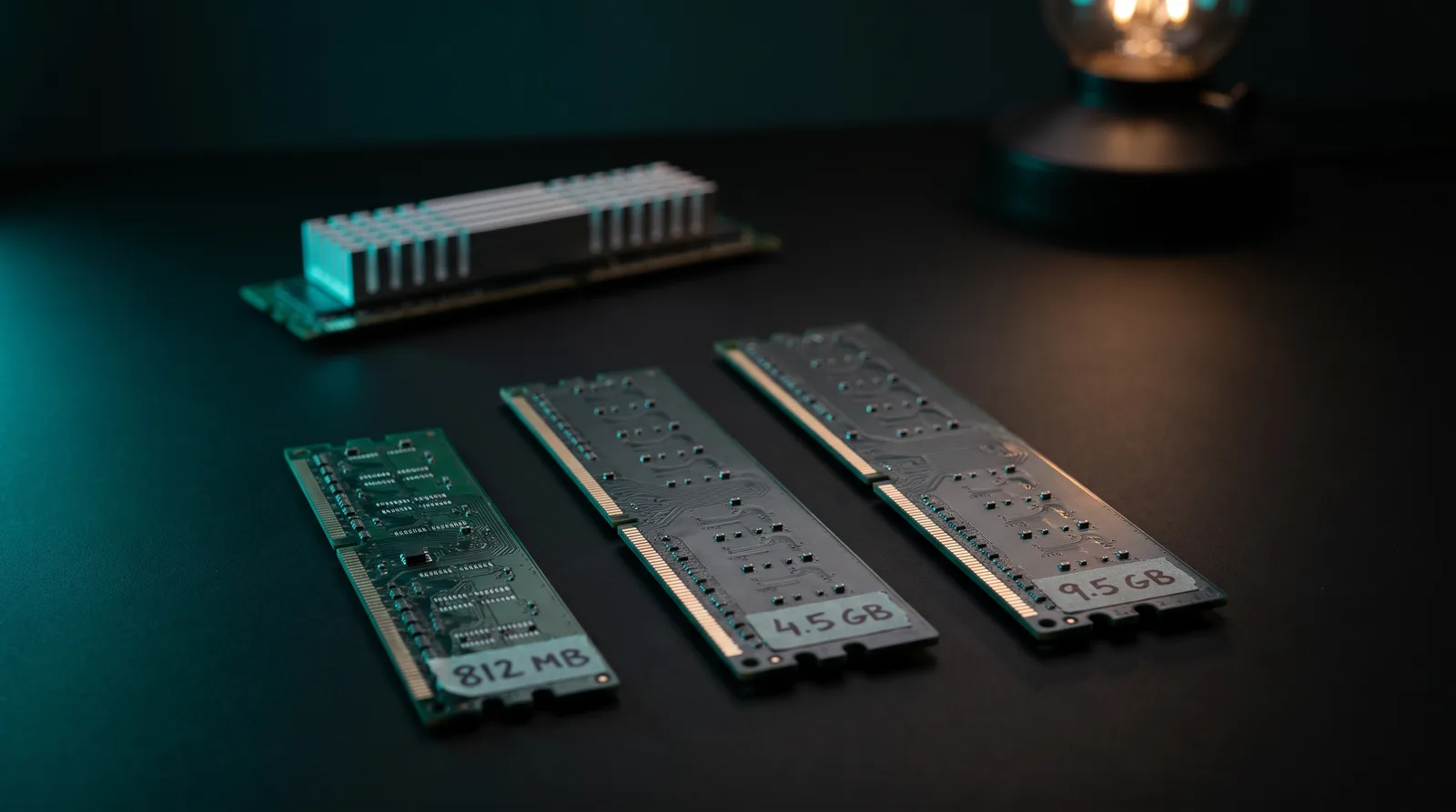 Three dark circuit-board strips of increasing length laid in a row, representing the 812 MB, 4.5 GB and 9.5 GB model footprints against memory tiers.