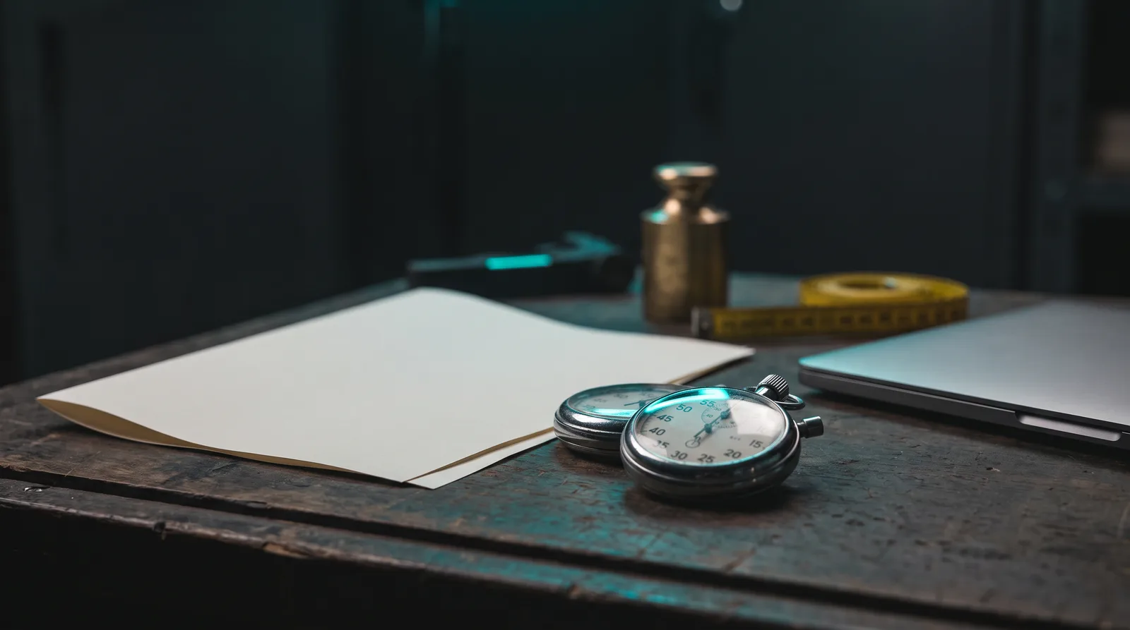 Two stopwatches and a blank sheet of paper on a dark workbench beside a laptop, evoking unverified vendor latency claims for local decision models.