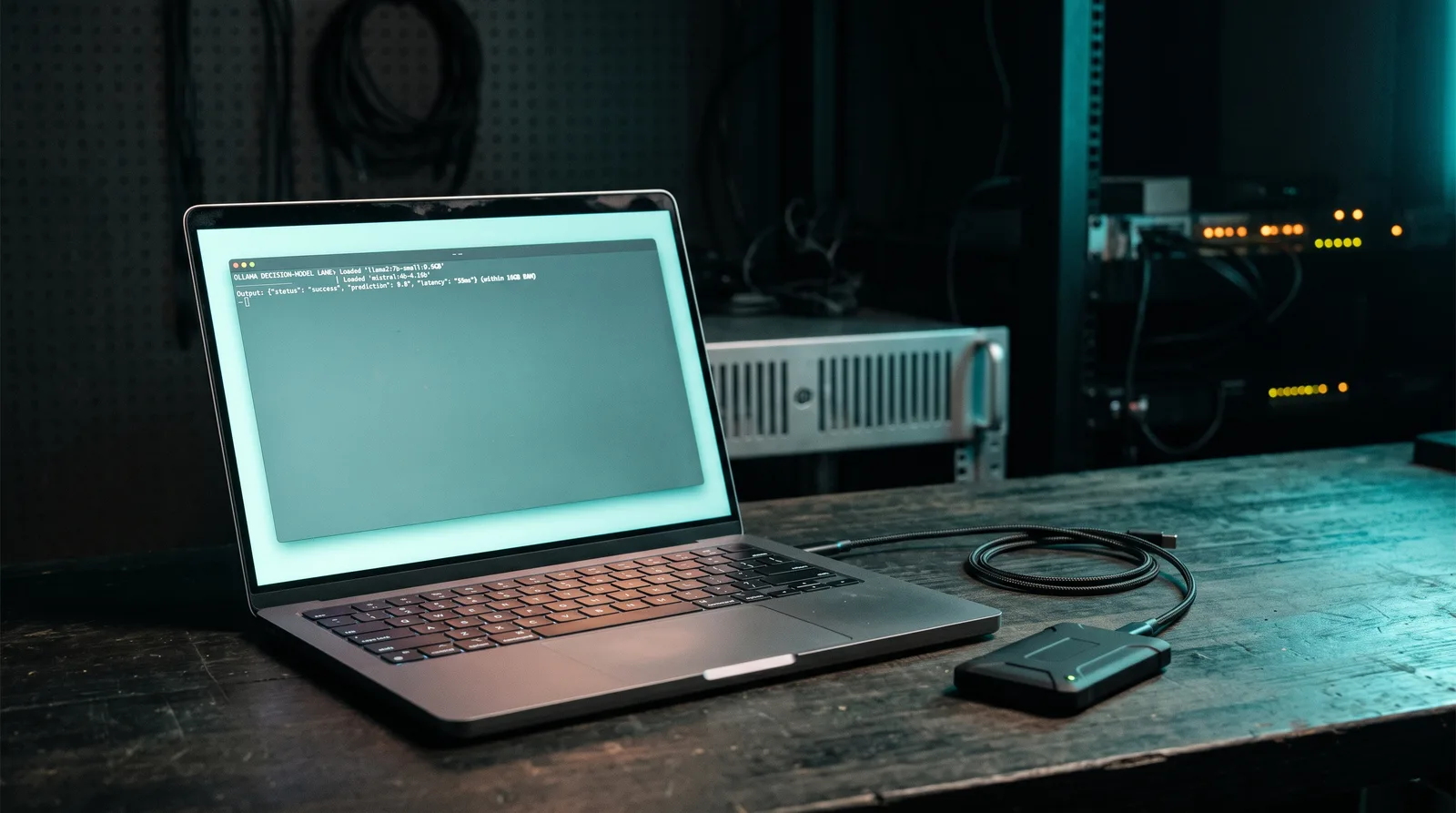 An open aluminium laptop glowing cyan-teal on a dark workbench next to a small external SSD, illustrating local decision models that fit in unified memory.