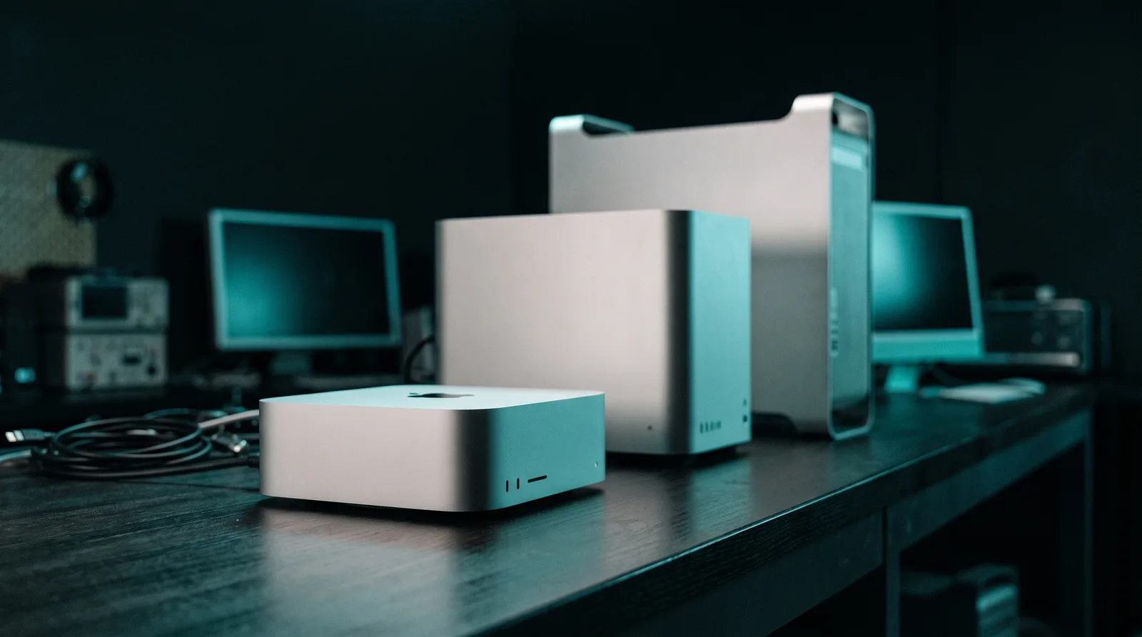 Three aluminium desktop computers of increasing size in a row on a dark workbench, the smallest in focus under cyan-teal lighting