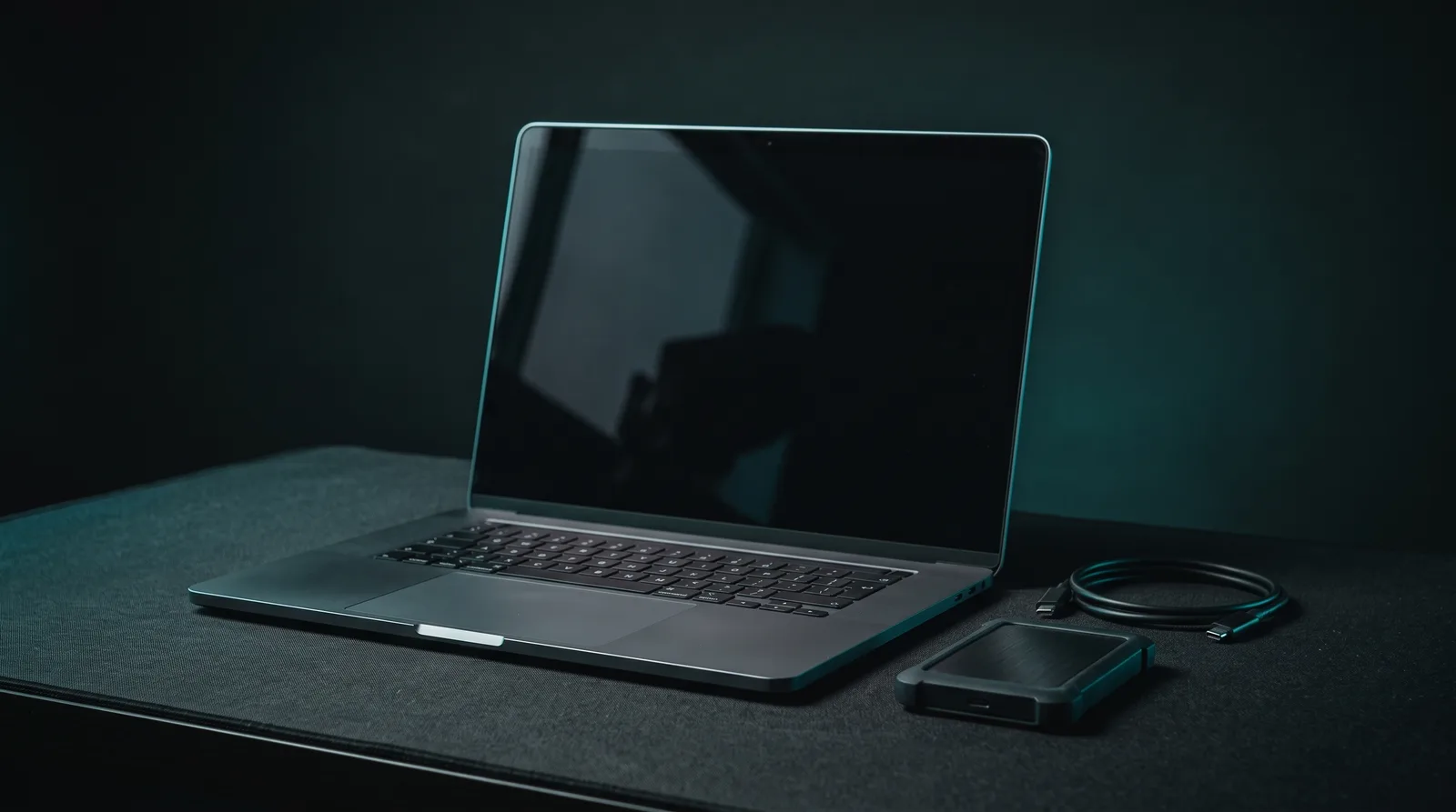An open aluminium laptop on a dark desk beside a small external SSD, glowing cyan-teal against a near-black studio background