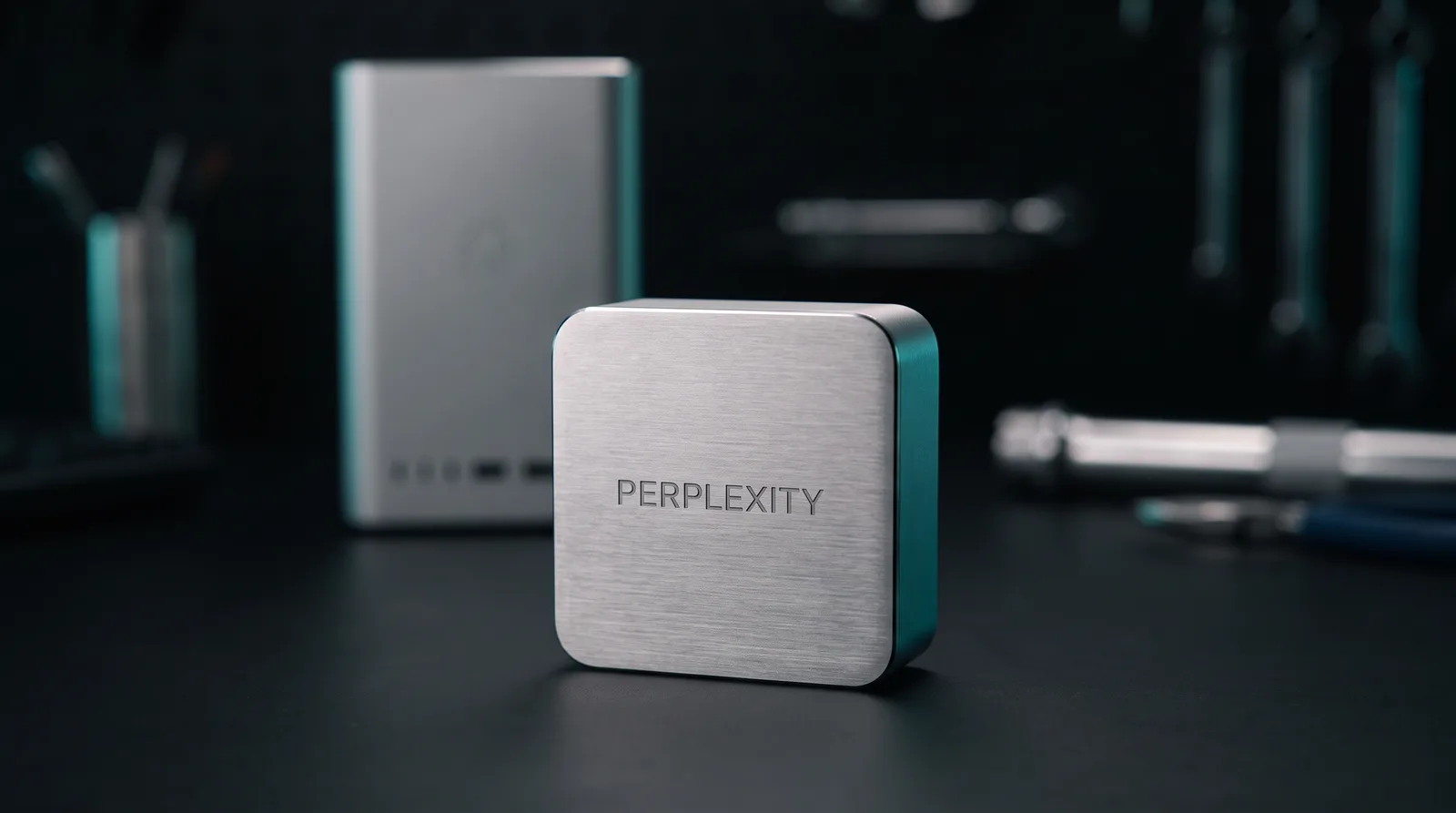 A compact aluminium Mac mini style desktop on a dark workbench with a larger aluminium desktop blurred behind it, lit by cyan-teal rim light