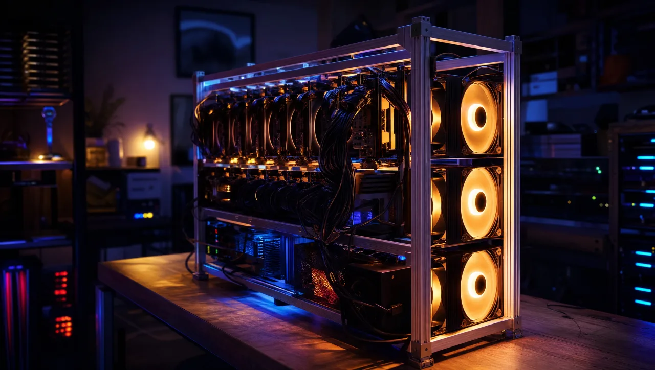 Illustration of a multi-GPU open-frame home AI server rig of the kind used to run large local LLMs