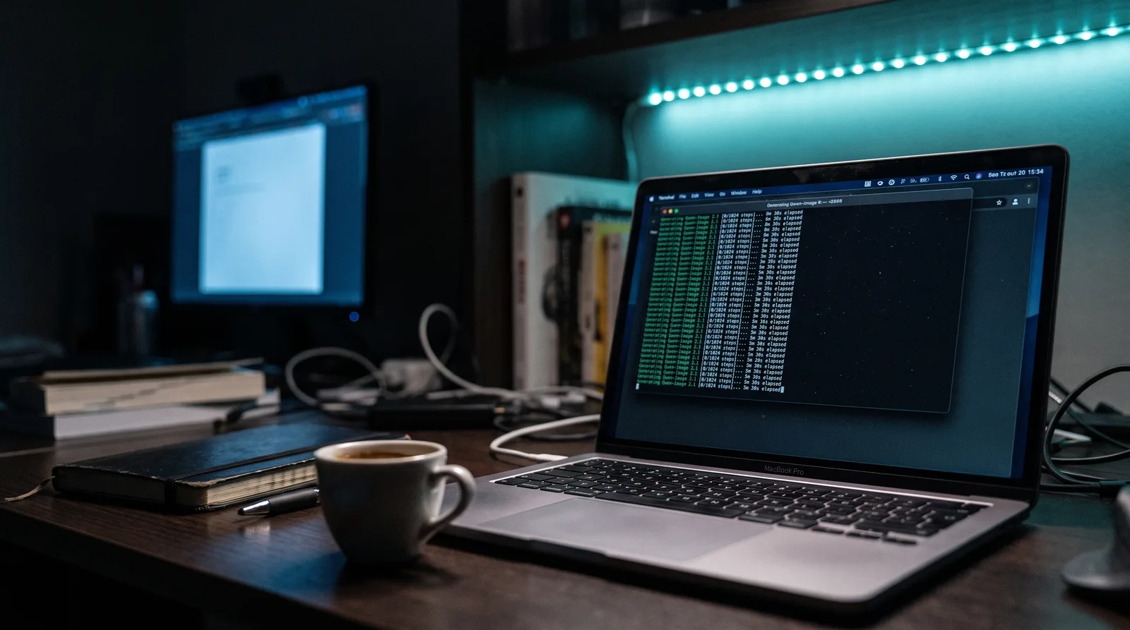 An open MacBook Pro with a terminal window and an espresso cup on a night desk, illustrating slow community image generation runs.