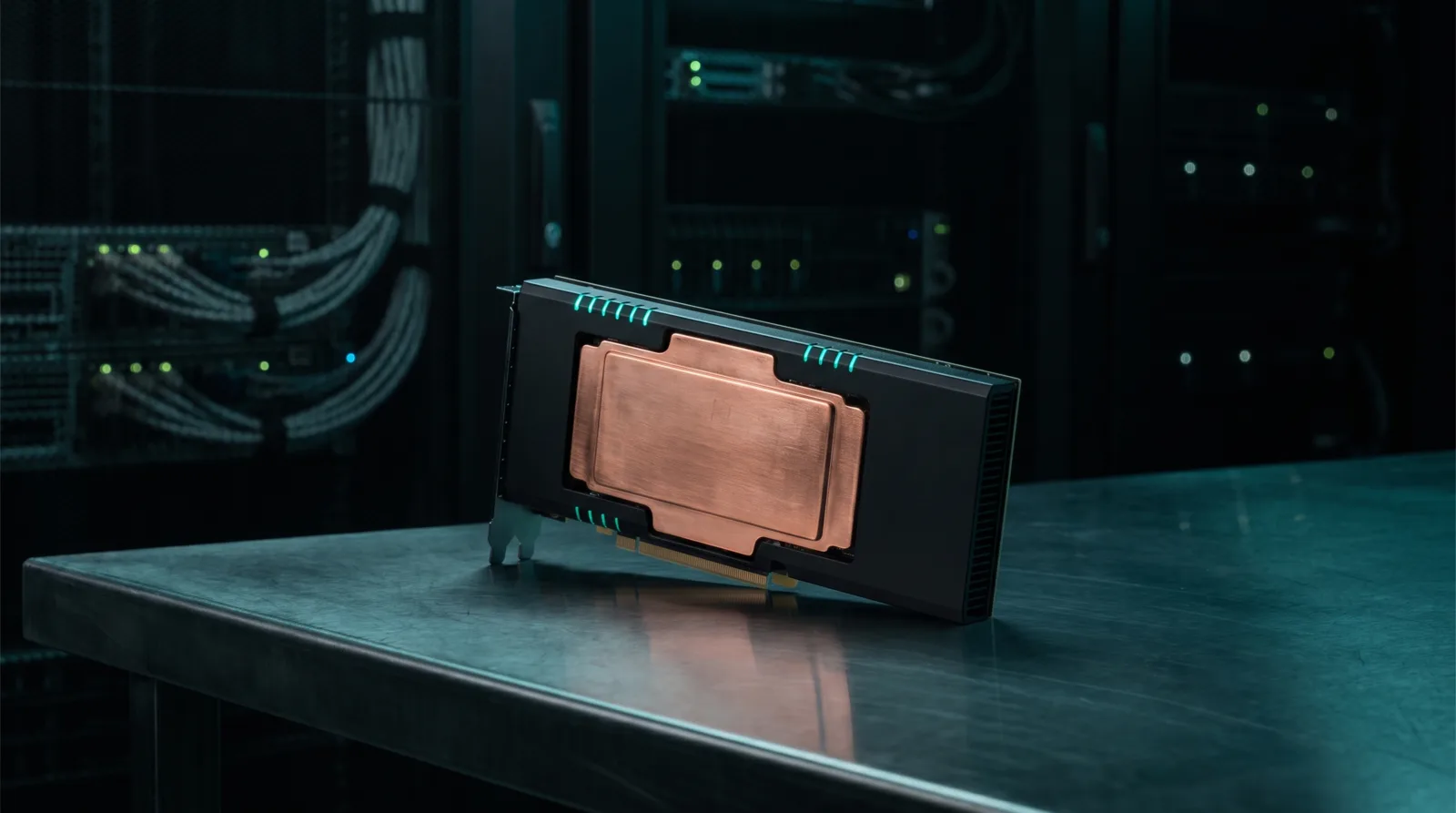 A datacenter GPU accelerator card with teal status LEDs on a dark bench, illustrating the CUDA-only benchmark numbers for Qwen-Image 2.1.