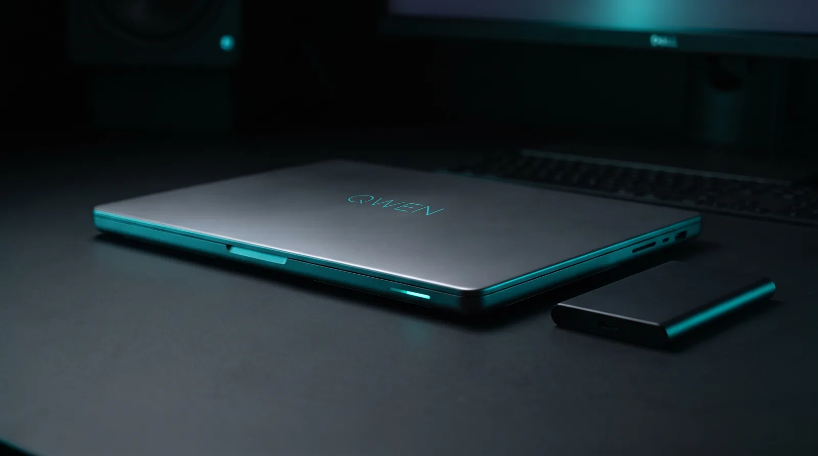 A MacBook Pro glowing with cyan-teal rim light on a dark desk, representing local AI image generation on Apple Silicon.