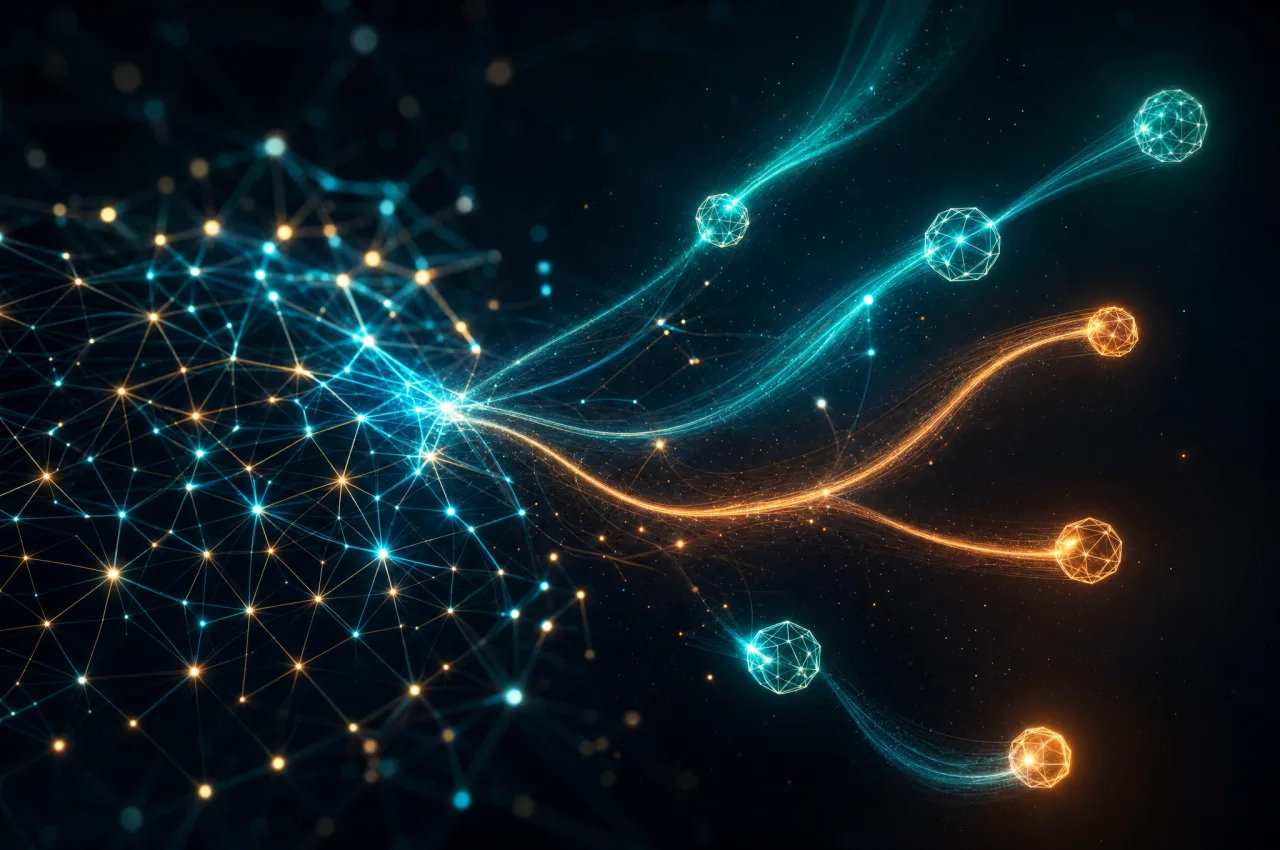 Conceptual illustration of AI team members departing, with network nodes breaking away