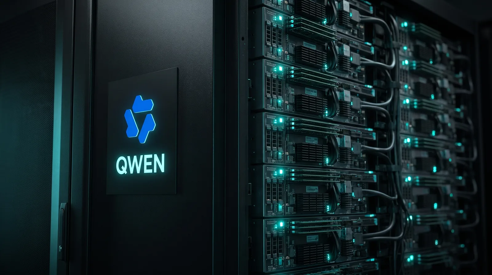 Matte black server rack with an illuminated Qwen sign and a wall of memory modules, representing a 122B model that needs 96GB of memory