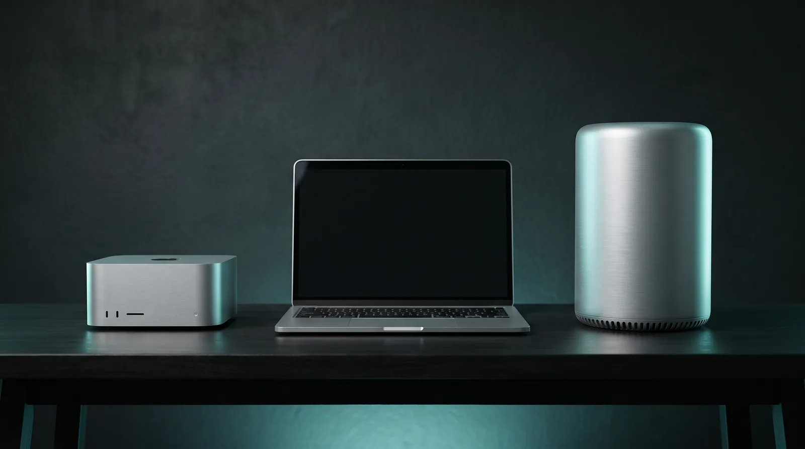 Three silver aluminium computers of increasing size, a mini desktop, a slim laptop and a compact tower, lined up on a dark bench under cyan-teal light.