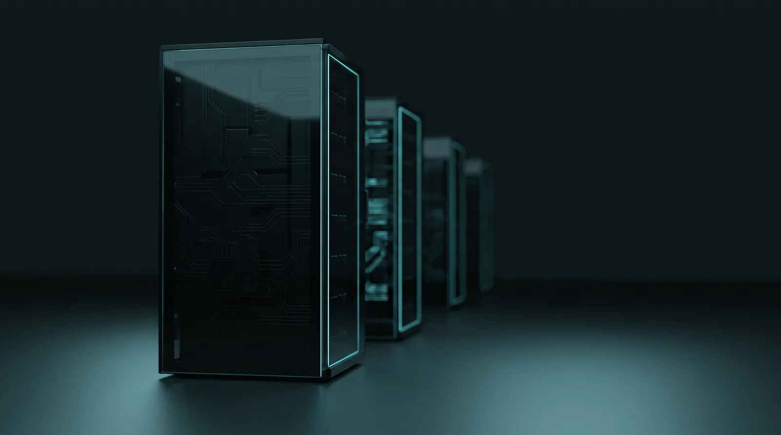 A row of tall dark glass panels receding into shadow, their edges traced by thin cyan-teal light, evoking a growing context cache.