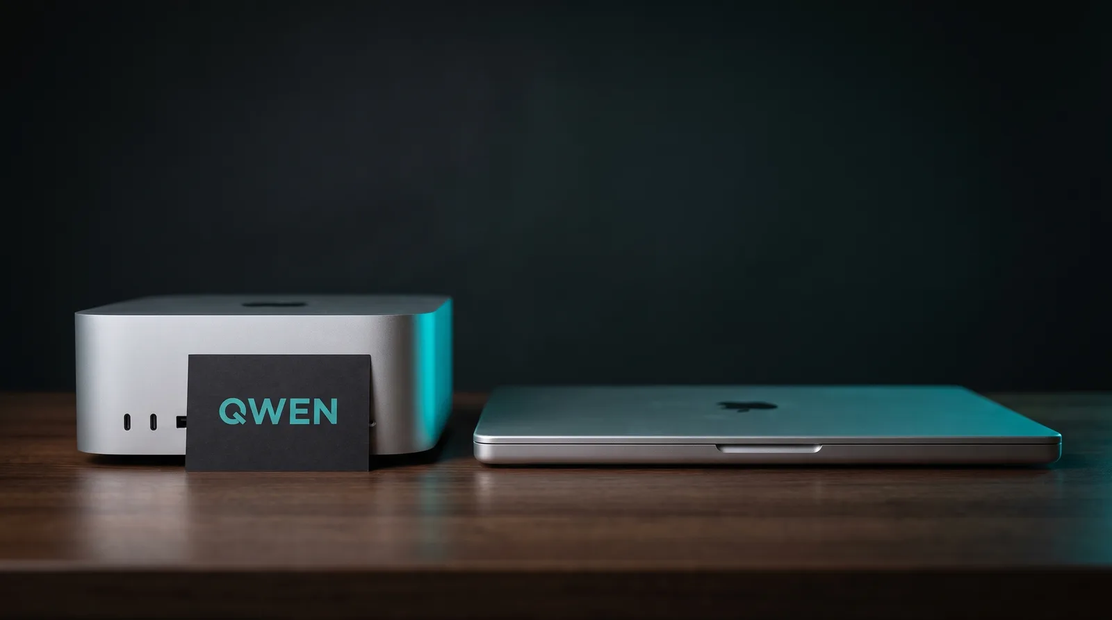 A compact silver aluminium mini desktop computer beside a closed laptop on a dark desk, a matte black card bearing the Qwen wordmark propped against it under cyan-teal studio light.