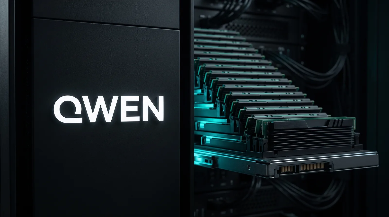 Qwen workstation tower with an illuminated QWEN sign beside stacked memory modules, dark scene with cyan-teal accent light