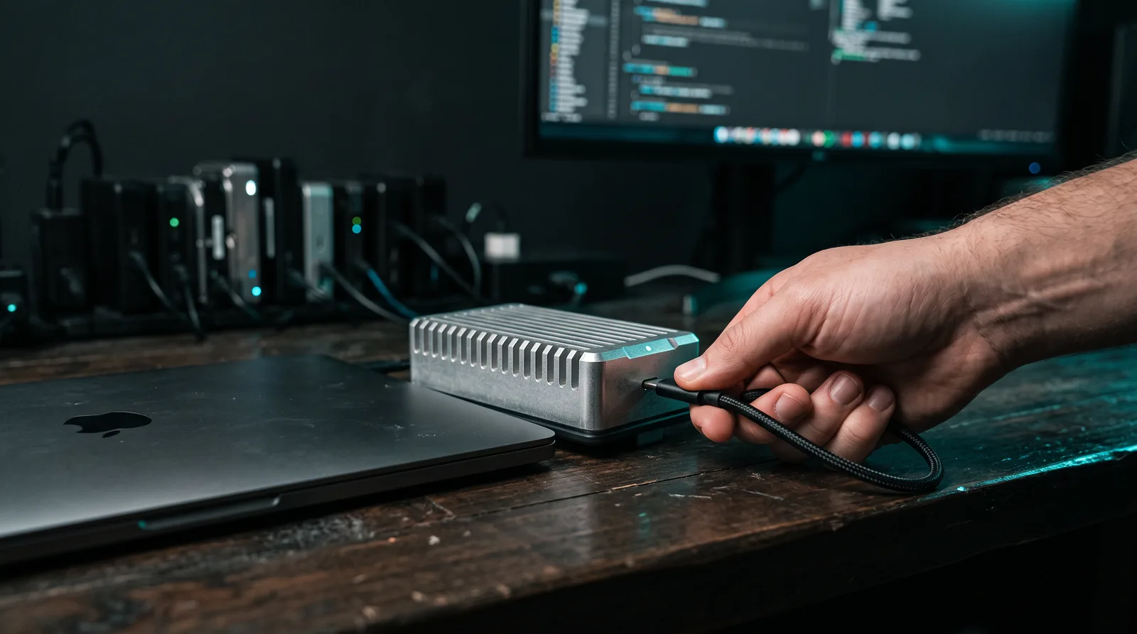 A hand plugging a cable into an external NVMe enclosure beside a MacBook, illustrating the weight files each Flint runtime loads