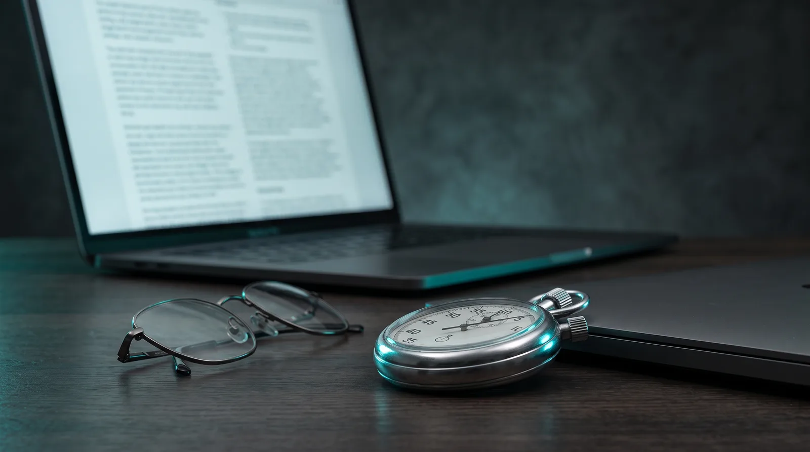 A mechanical stopwatch and glasses on a dark desk beside a glowing MacBook screen, illustrating how the 125 tokens per second claim was measured